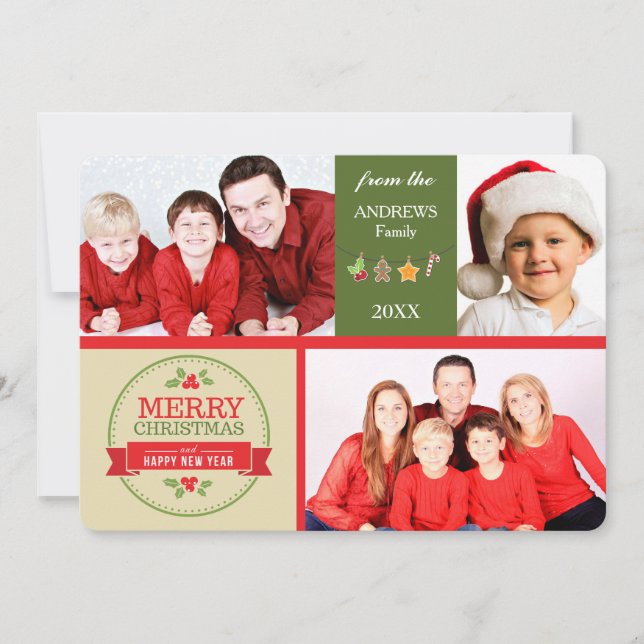 Gold Green Retro Images Photo Template Christmas (Front)