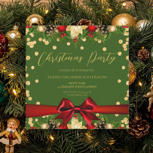 Gold Green Ribbon Glitter Christmas Corporate Invitation