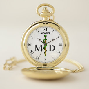 Gold Green Rod of Asclepius Medical Doctor MD Pocket Watch