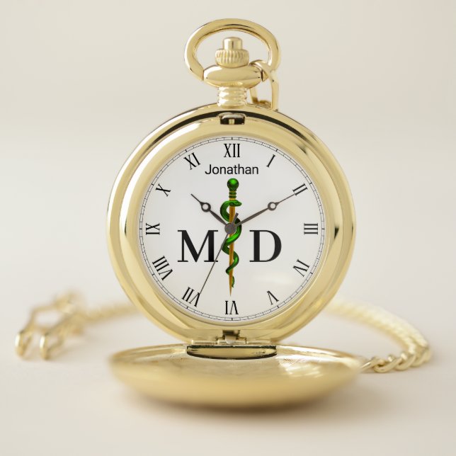 Gold Green Rod of Asclepius Medical Doctor MD Pocket Watch (Inside)