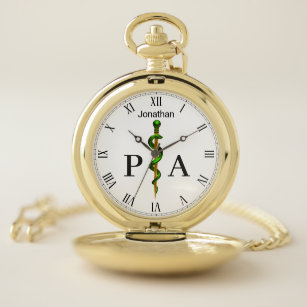 Gold Green Rod of Asclepius Physician Assistant Pocket Watch
