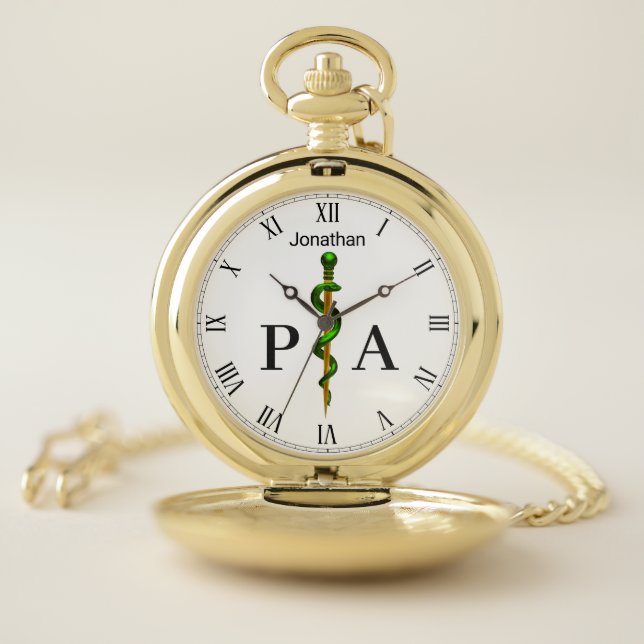 Gold Green Rod of Asclepius Physician Assistant Pocket Watch (Inside)