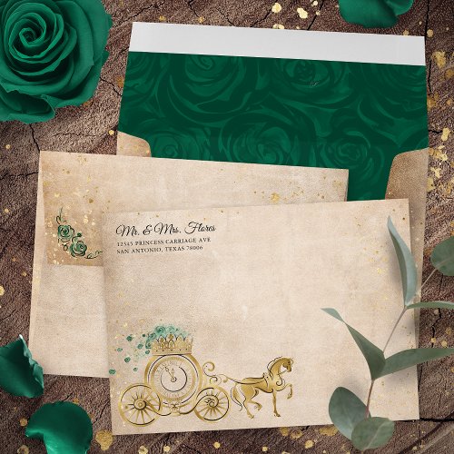Gold Green Rose Princess Carriage Return Address Envelope