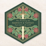 Gold Green Royal Medieval Floral Sword Wedding Paper Coaster<br><div class="desc">Celebrate your special day with this royal medieval floral sword wedding design against a green background. You can customize this further by clicking on the "PERSONALIZE" button. PLEASE NOTE: The gold on this item is NOT real foil and is printed in flat colors</div>