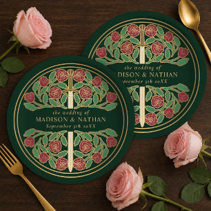 Gold Green Royal Medieval Floral Sword Wedding  Paper Plates