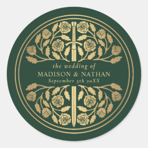 Gold Green Royal Medieval Sword Wedding Classic Round Sticker