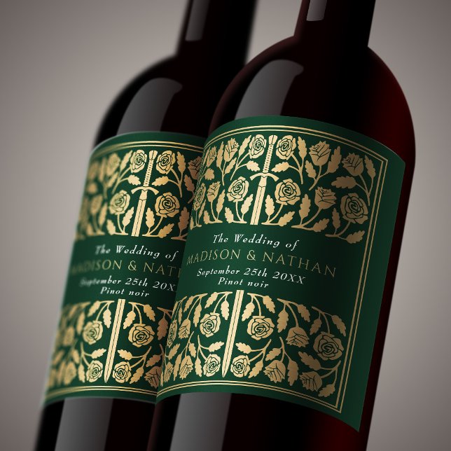 Gold Green Royal Medieval Sword Wedding Wine Label (Creator Uploaded)