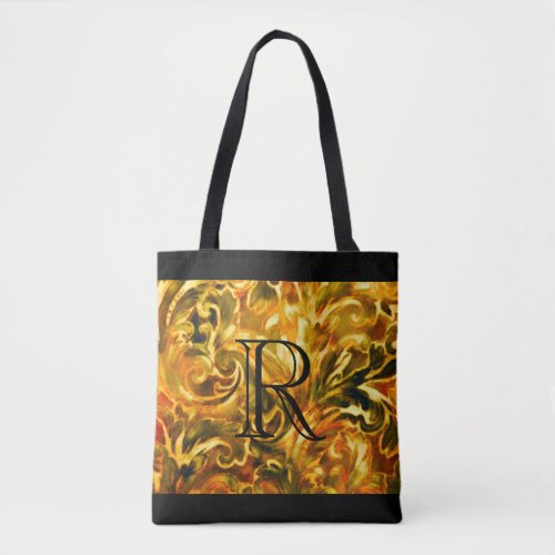 Gold Green Rust Damask Pattern with Monogram Tote Bag