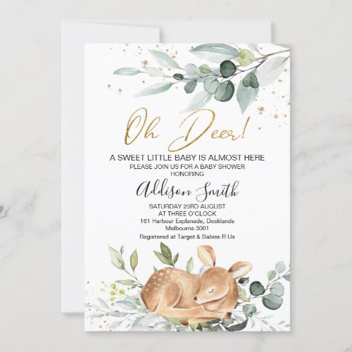 Gold Green Rustic Foliage Oh Deer Baby Shower Invitation