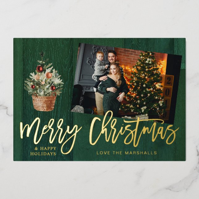 Gold & Green Rustic Merry Christmas 4 Multi Photo Foil Invitation (Front)