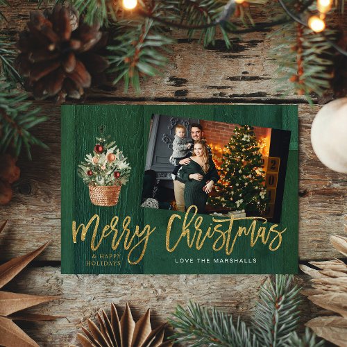 Gold  Green Rustic Merry Christmas One Photo