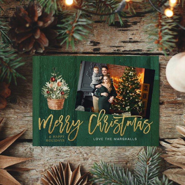 Gold & Green Rustic Merry Christmas One Photo (Creator Uploaded)