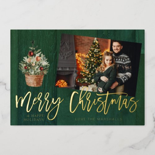 Gold  Green Rustic Merry Christmas One Photo Foil Invitation