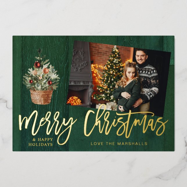 Gold & Green Rustic Merry Christmas One Photo Foil Invitation (Front)