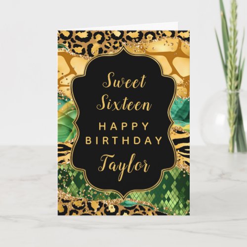 Gold Green Safari Agate Sweet 16 Happy Birthday Card
