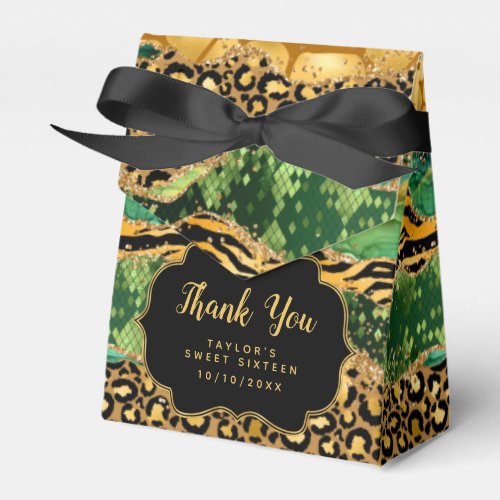 Gold Green Safari Agate Sweet Sixteen Thank You Favor Boxes