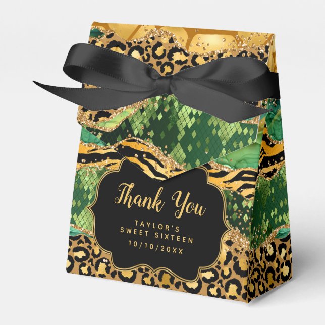 Gold Green Safari Agate Sweet Sixteen Thank You Favor Boxes (Front Side)