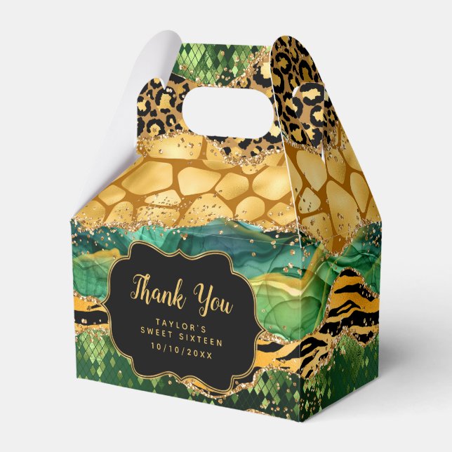 Gold Green Safari Agate Sweet Sixteen Thank You Favor Boxes (Front Side)