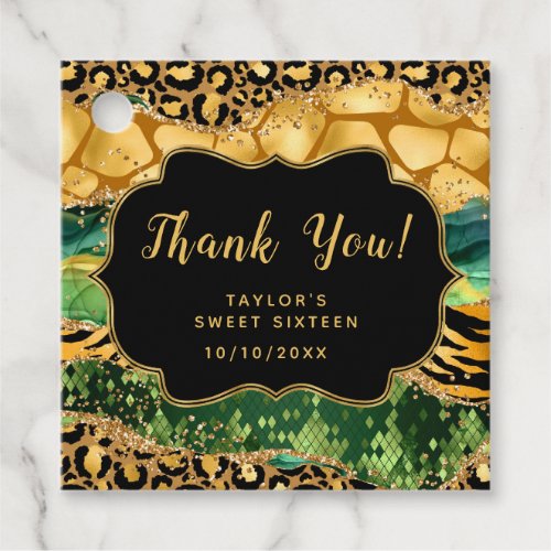 Gold Green Safari Agate Sweet Sixteen Thank You Favor Tags