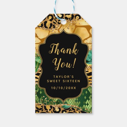 Gold Green Safari Agate Sweet Sixteen Thank You Gift Tags