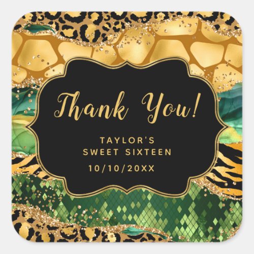 Gold Green Safari Agate Sweet Sixteen Thank You Square Sticker