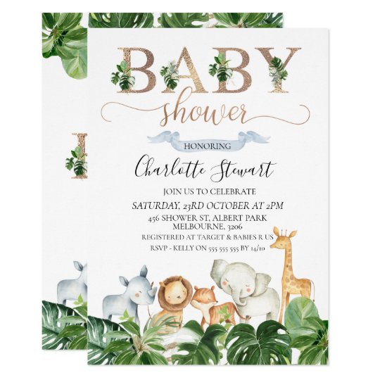 Gold Green Safari Animals Baby Shower Invitation | Zazzle.com