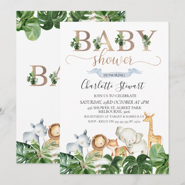 Gold Green Safari Animals Baby Shower Invitation (Front/Back)