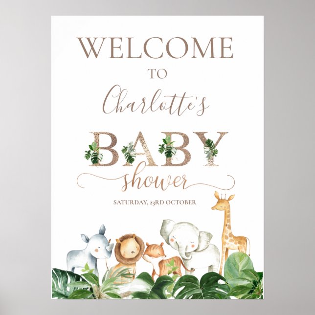 Gold Green Safari Animals Baby Shower Welcome Poster (Front)