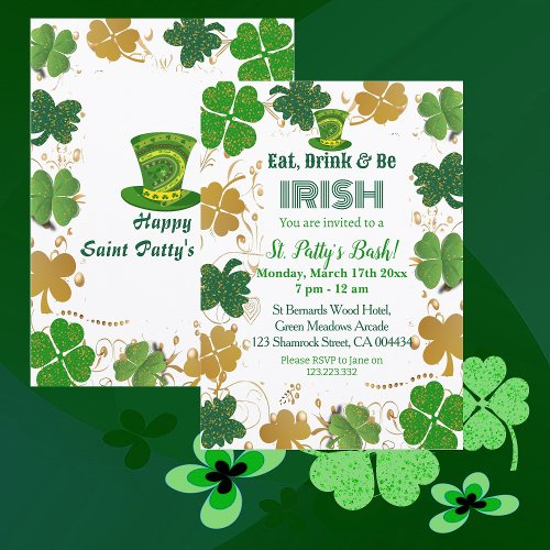 Gold Green Shimmer Irish Shamrocks St Pattys Bash  Invitation