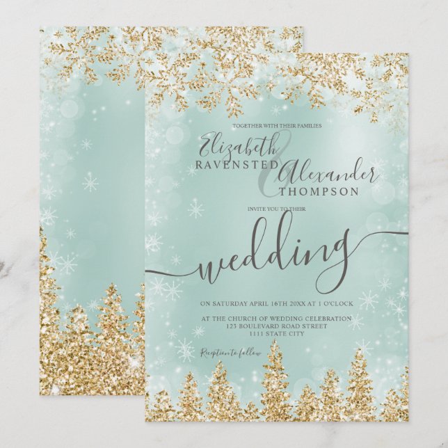 Gold  green snow pine Christmas winter wedding Invitation (Front/Back)