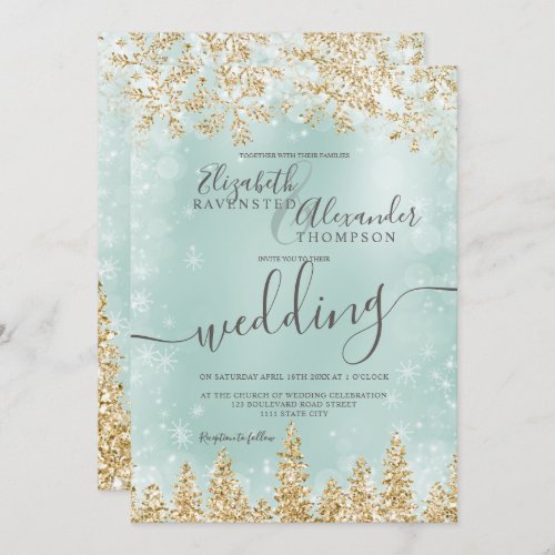 Gold  green snow pine Christmas winter wedding Invitation