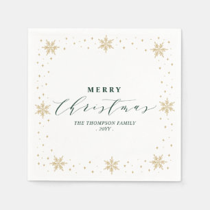 Gold & Green Snowflake Christmas Holiday Party Napkins