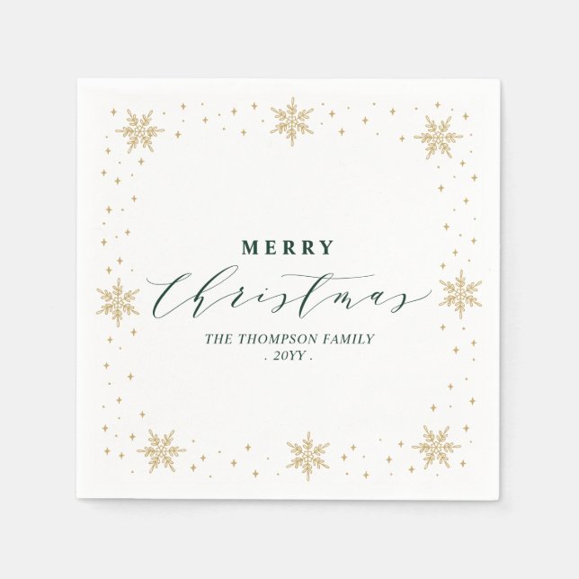 Gold & Green Snowflake Christmas Holiday Party Napkins (Front)