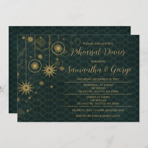 Gold Green Snowflakes Winter Rehearsal Dinner Invitation