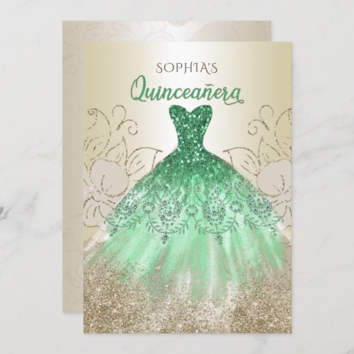 Gold Green Sparkle Dress Quinceaera Quince  Invitation