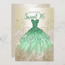 Gold Green Sparkle Dress Sweet 16 birthday  Invitation