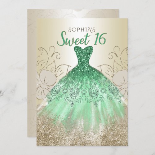 Gold Green Sparkle Dress Sweet 16 birthday  Invitation