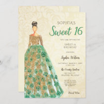 Gold  Green Sparkle Dress Sweet 16 birthday  Invitation