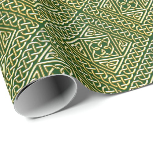 Gold Green Square Shapes Celtic Knotwork Pattern Wrapping Paper