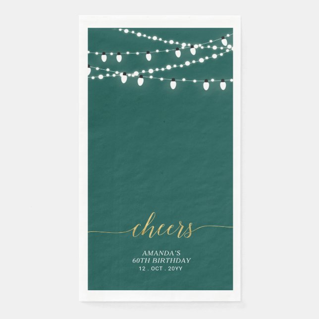 Gold & Green String Light Elegant Lettering Cheers Paper Guest Towels (Front)