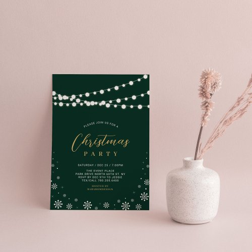 Gold  Green  String Lights Christmas Party Invitation