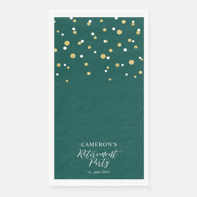 Gold & Green Stylish Confetti Retirement Party Paper Guest Towels (Front)