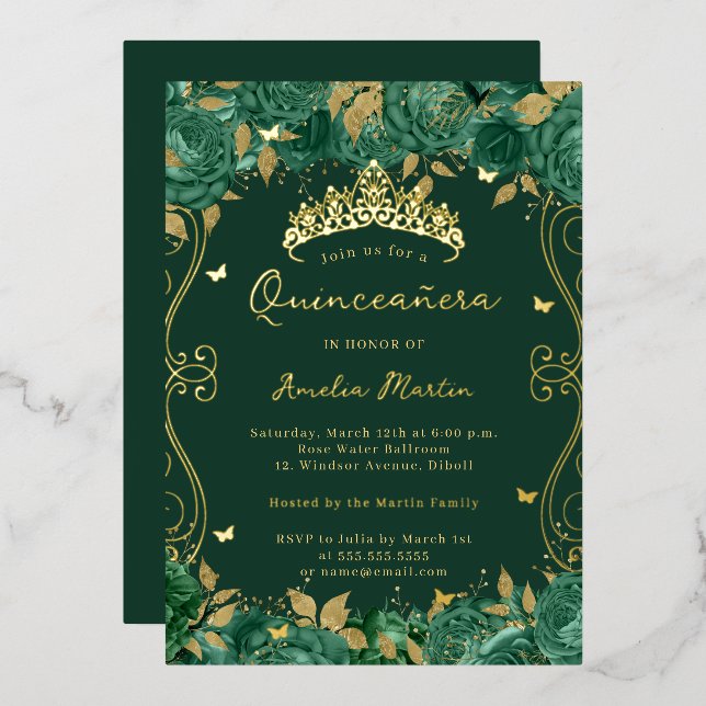 Gold Green Swirl Scroll Floral Quinceanera  Foil Invitation (Front/Back)