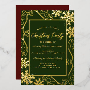 Gold Green Swirl Snowflake Frame Christmas Party Foil Invitation