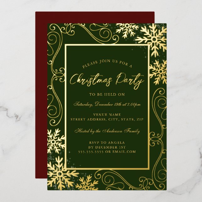 Gold Green Swirl Snowflake Frame Christmas Party Foil Invitation (Front/Back)