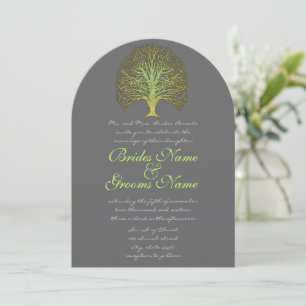 Gold Green Swirly Tree Wedding Invitation