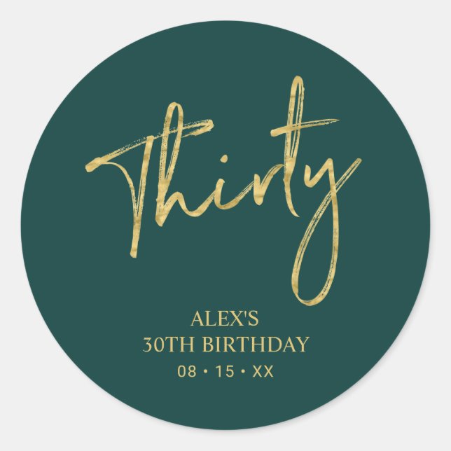 Gold & Green Thirty 30 Birthday Favor Thank you Classic Round Sticker (Front)