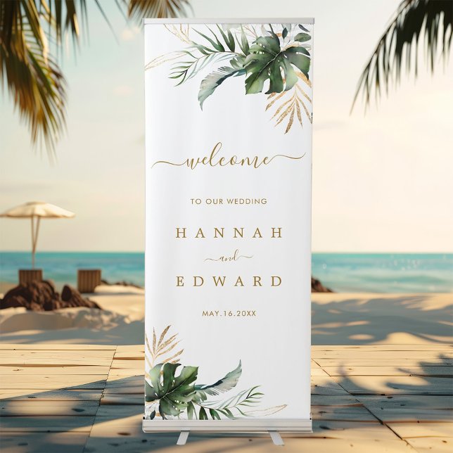 Gold & Green Tropical Foliage Wedding Welcome  Retractable Banner (Creator Uploaded)