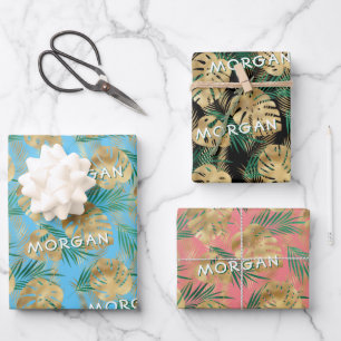Gold/Green Tropical Leaves, Custom Name, 3 Colors Wrapping Paper Sheets