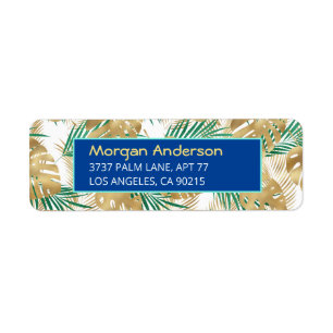 Gold & Green Tropical Leaves, Deep Blue Address Label